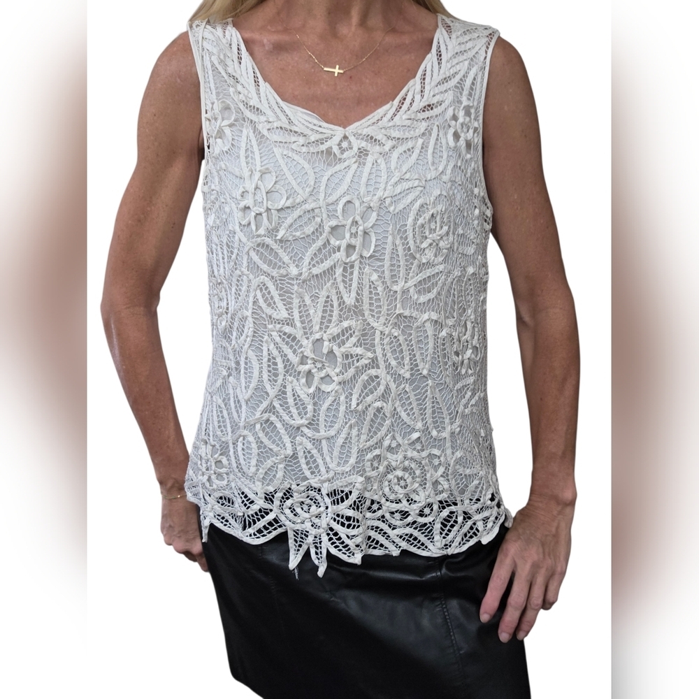 Silk Lace Top L Ivory Floral Crochet Overlay Sleeveless Romantic Blouse